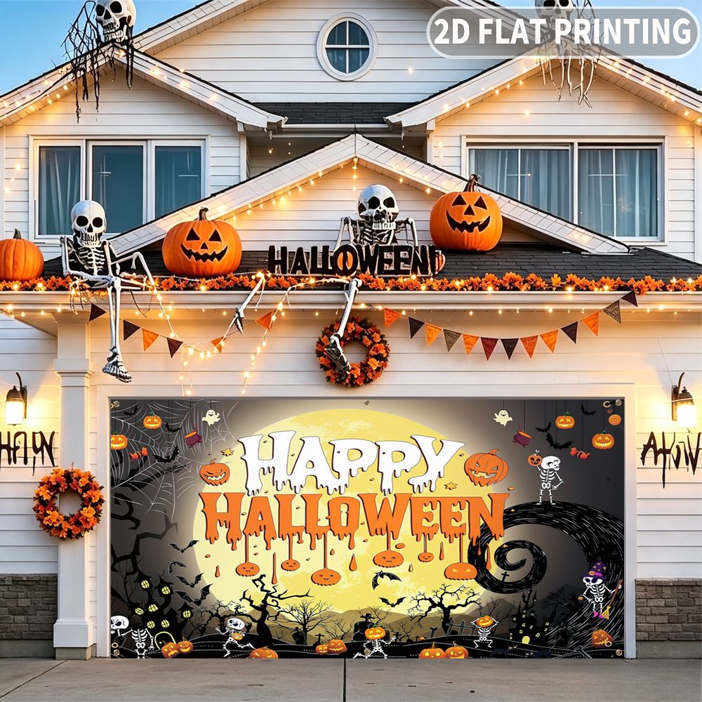 Halloween Skeleton Decoration - แบนเนอร์ตกแต่งงานปาร์ตี้ฮาโลวีนแบบแบน 2D 1 ชิ้น, ลายฟักทอง โครงกระดูก