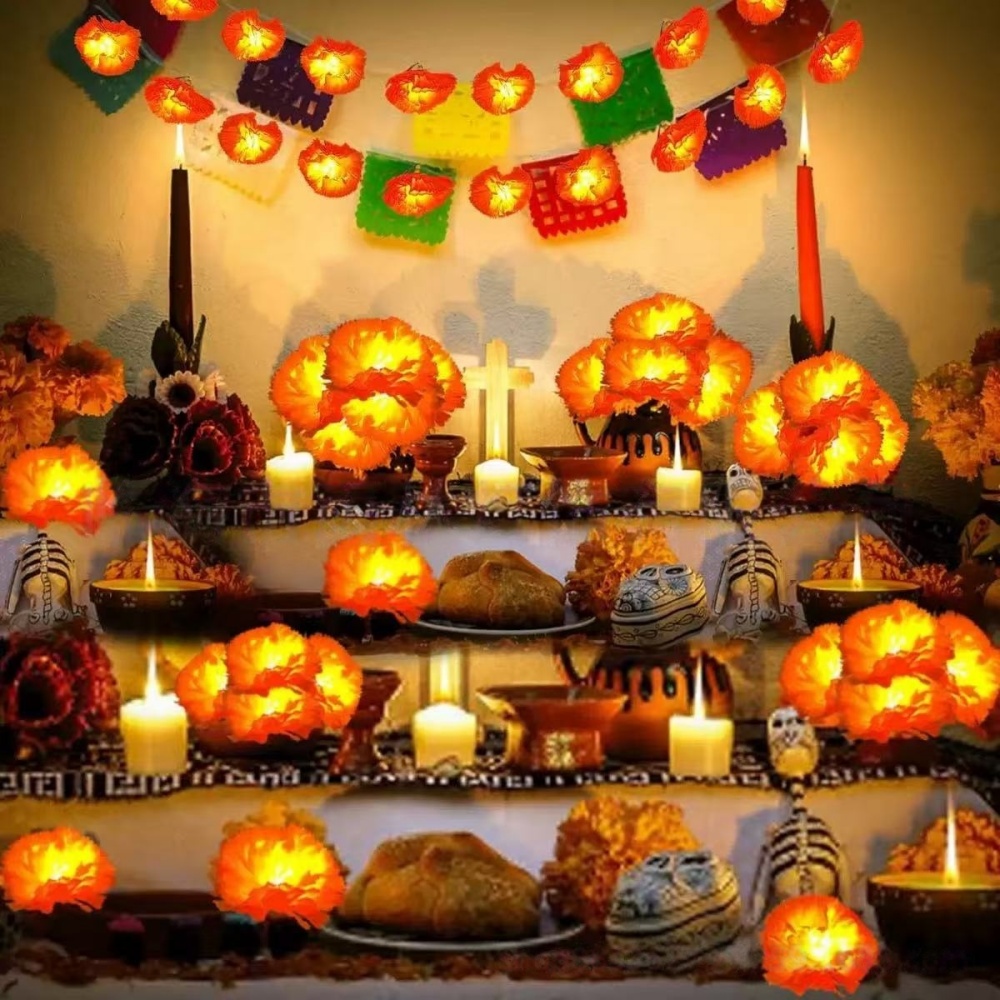 Halloween Led String Lights Orange - ไฟประดับรูปดอกดาวเรือง LED สำหรับตกแต่งภายในและภายนอกอาคาร เหมาะสำหรับงานฮาโลวีน งานเทศกาลเม็กซิกัน งานปาร์ตี้