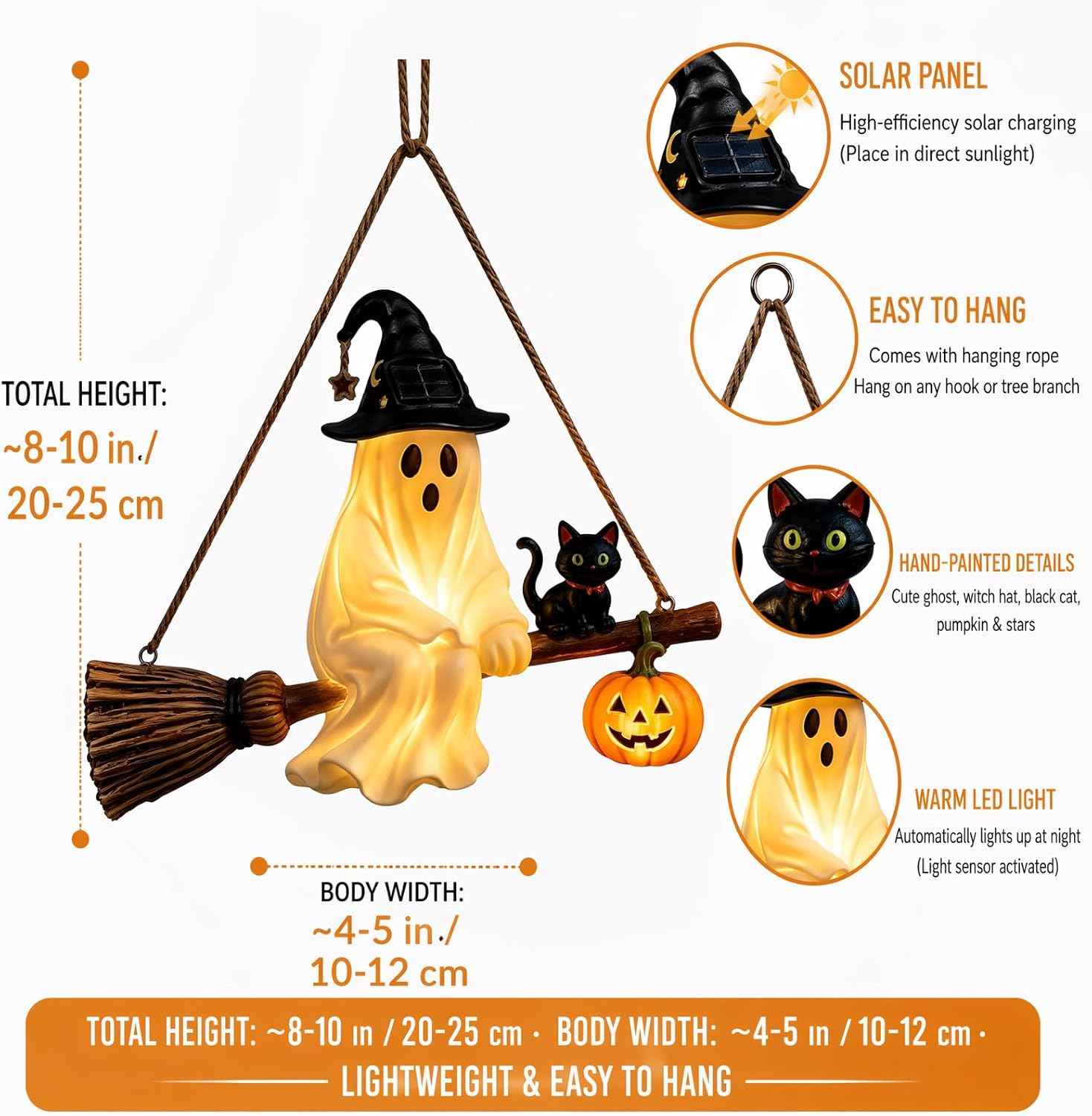 Pumpkin Lantern Halloween - โคมไฟระย้าผีพลังงานแสงอาทิตย์ โคมไฟฮาโลวีน ของตกแต่งเรซิน พร้อมไม้กวาดแม่มด แมว ฟักทอง