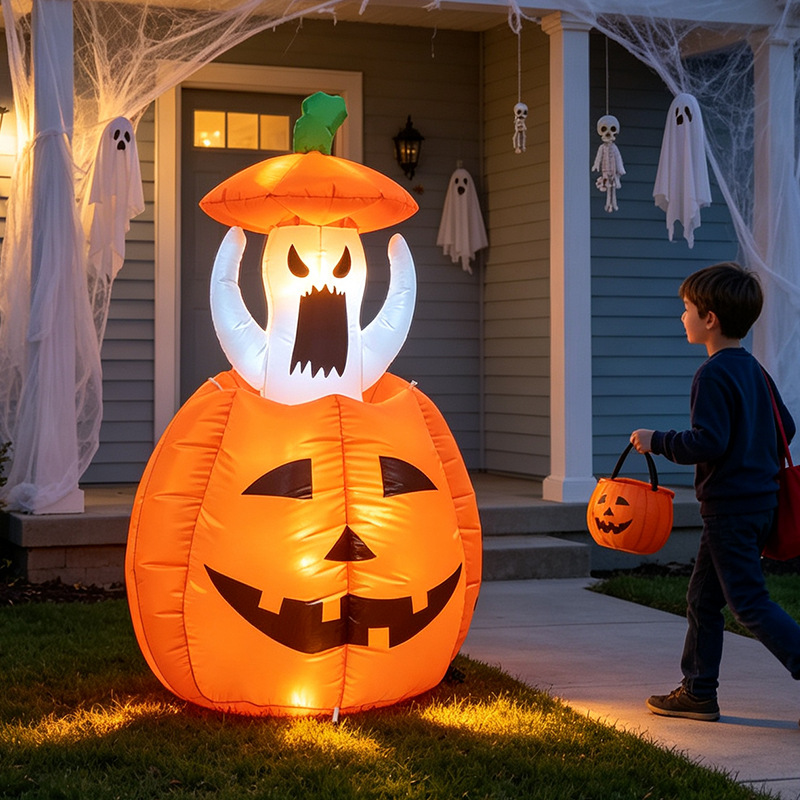 Halloween Pumpkin Decor Led - ฟักทองและผีเป่าลมสำหรับฮาโลวีน พร้อมไฟ LED ตกแต่งสนามหญ้าและลานบ้านสำหรับงานปาร์ตี้