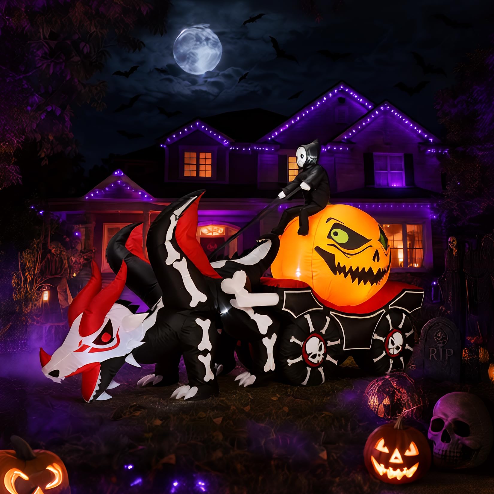 Halloween Pumpkin Decor Led - รถฟักทองประดับไฟฮาโลวีนแบบเป่าลม ขนาด 8.9 ฟุต พร้อมไฟ LED