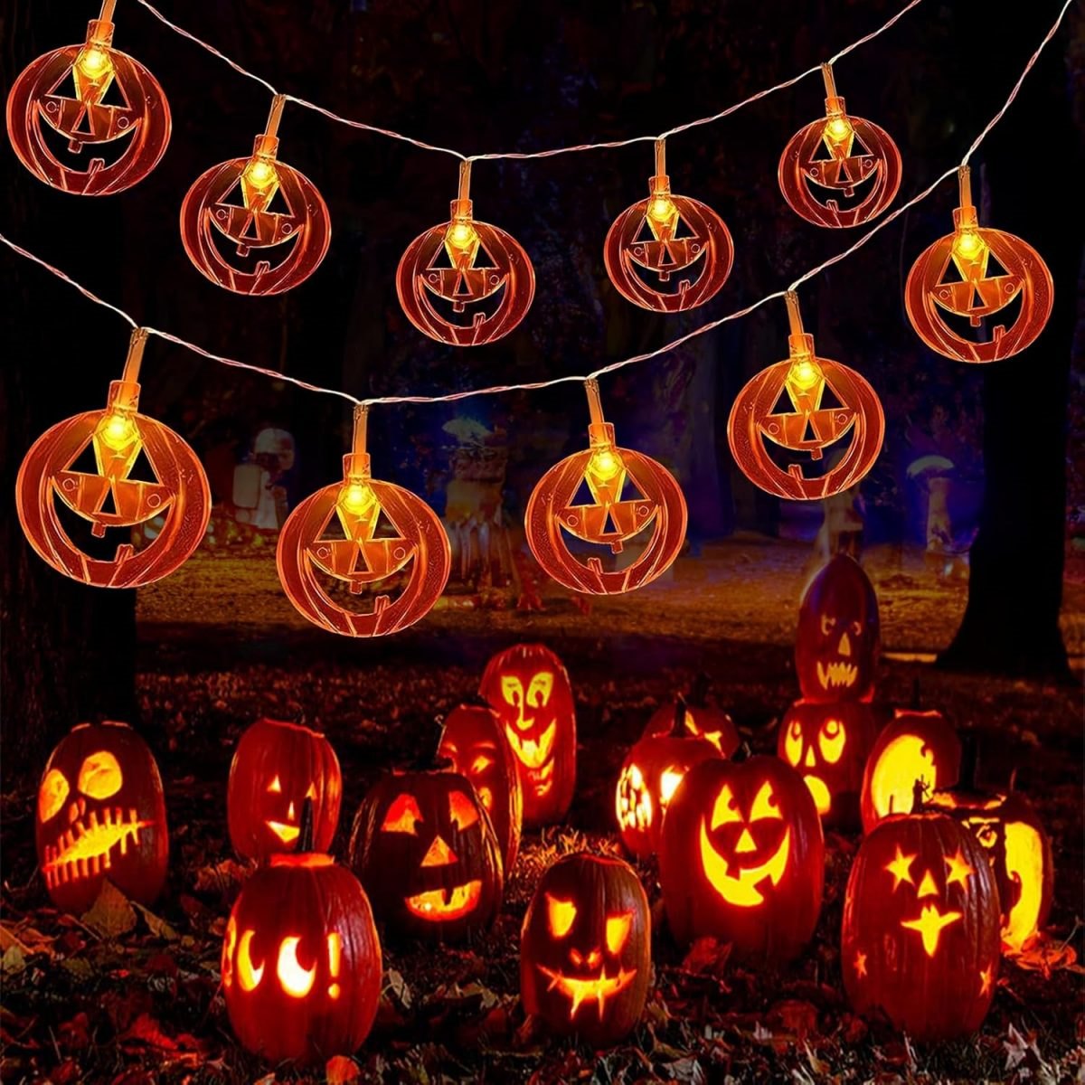 Halloween Led String Lights Orange - 1 PC 20LED สีส้มแบน Hollow ไฟฟักทองฮาโลวีน