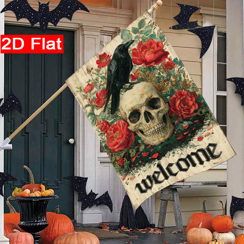 Halloween Skeleton Decoration - ธงแบน 2 มิติ - ธงสวนลายโครงกระดูกกุหลาบและอีกาต้อนรับฮาโลวีน (1)