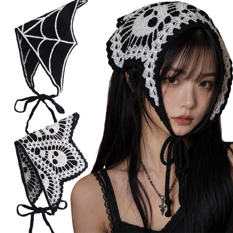 Spider Web Halloween Decoration - ที่คาดผมโครเชต์ลายฮาโลวีน ลายหัวกะโหลก กอธิค ใยแมงมุม ค้างคาว ผ้าพันคอสามเหลี่ยมถักพร้อมสายผูกด้านหลังสำหรับปรับขนาดได้