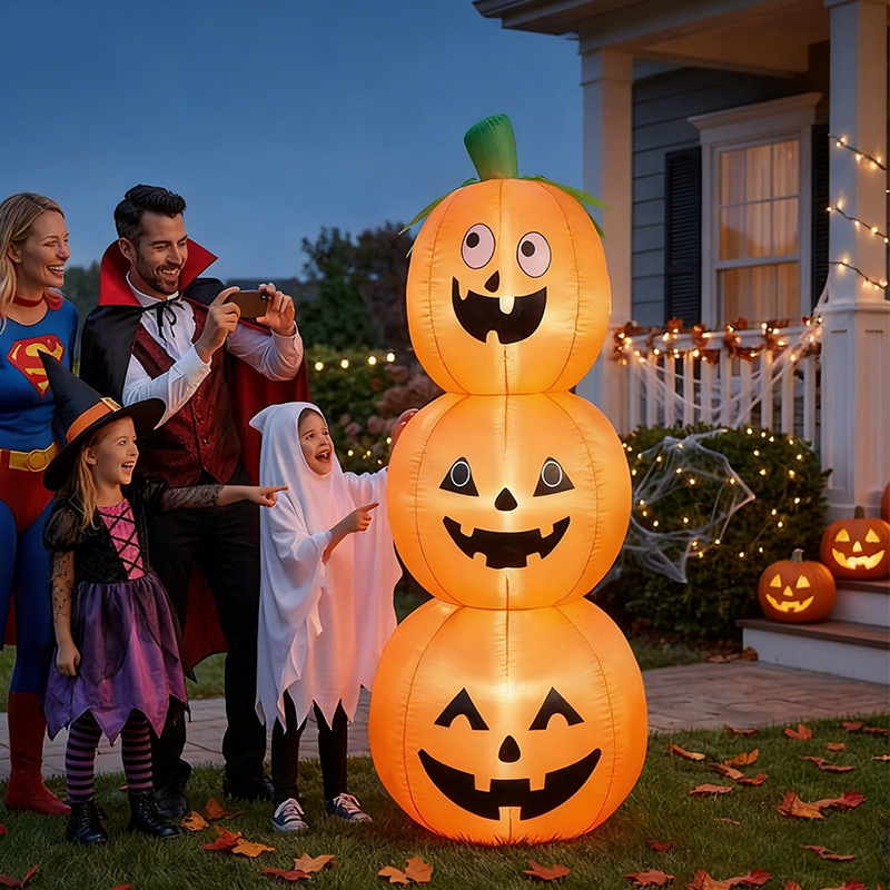 Halloween Pumpkin Decor Led - ฟักทองเป่าลมฮาโลวีนแบบซ้อนกันได้ขนาด 1.2 เมตร พร้อมไฟ LED สำหรับตกแต่งสนามหญ้ากลางแจ้ง,