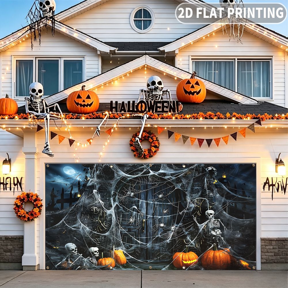 Halloween Skeleton Decoration - แบนเนอร์ตกแต่งงานปาร์ตี้ฮาโลวีนแบบแบน 2D 1 ชิ้น, ลายโครงกระดูก ฟักทอง