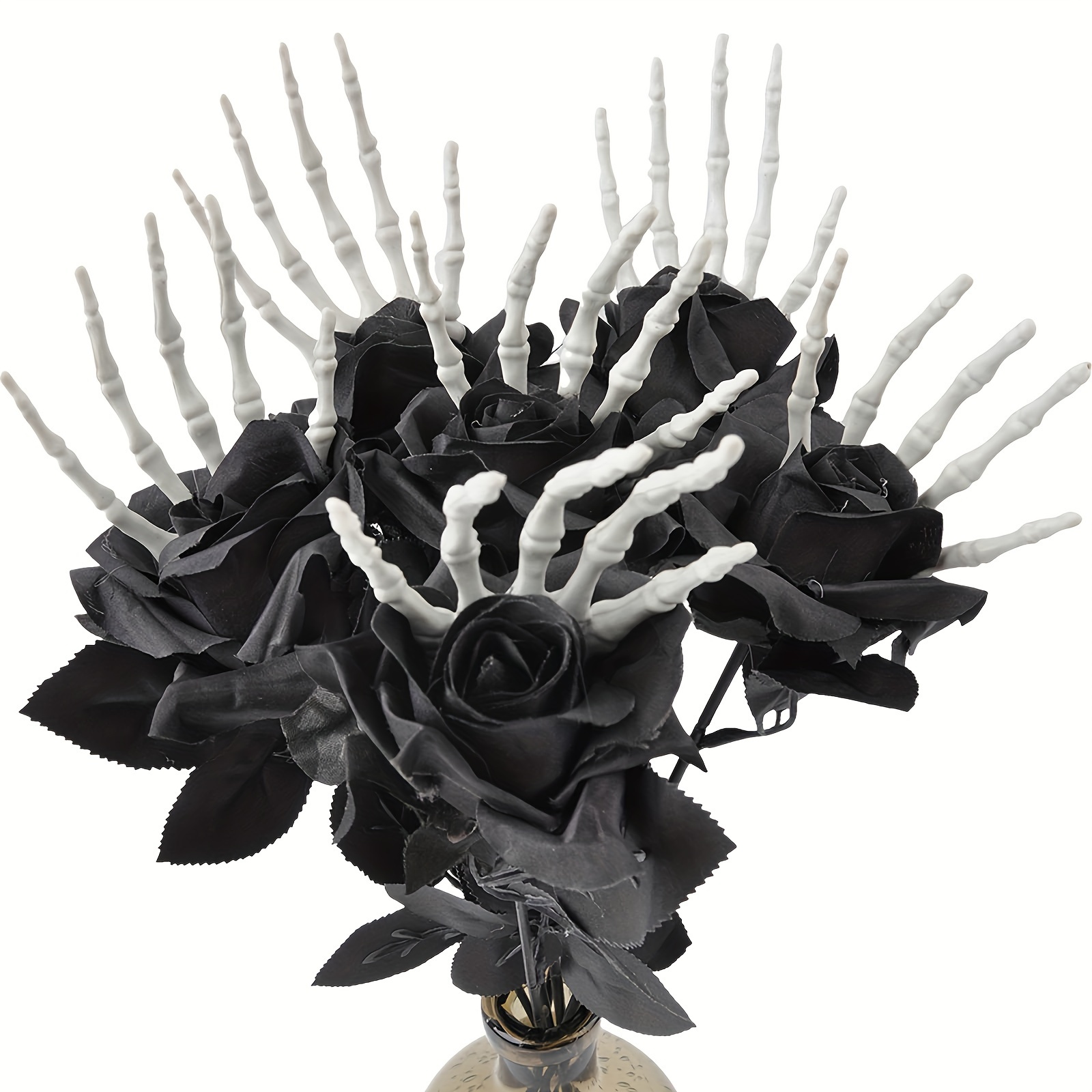 Halloween Skeleton Decoration - ดอกกุหลาบประดิษฐ์พลาสติกสีดำพร้อมโครงกระดูกมือและใบยูคาลิปตัสชุดช่อดอกไม้ตกแต่งลายกะโหลกวันฮาโลวีน