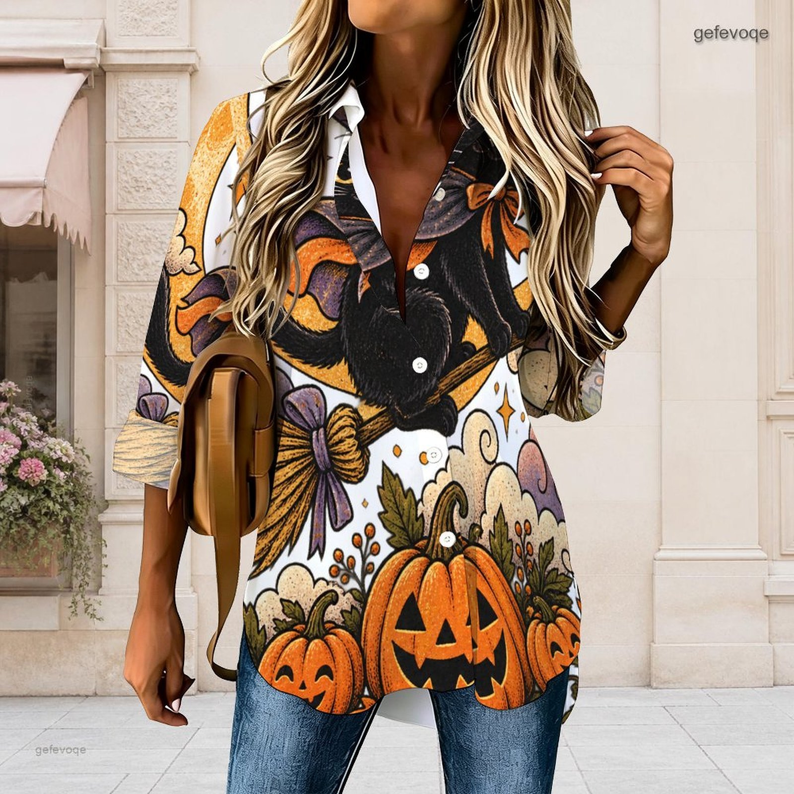 เสื้อเชิ้ตคอปกพิมพ์ลายฮาโลวีนส - Pumpkin Lantern Halloween บทวิจารณ์และราคา